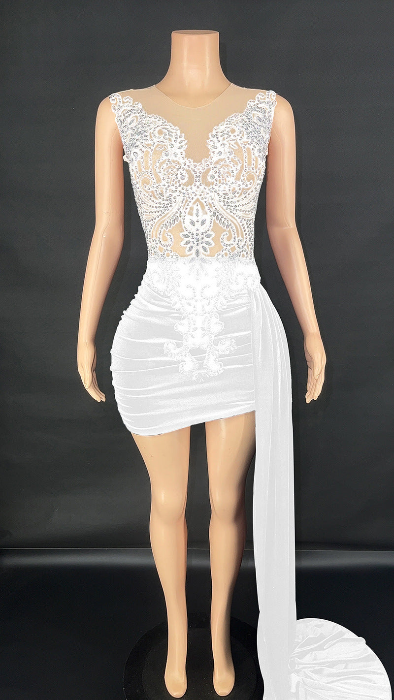 New Summer Luxury Evening Dress Female Singer Stage Costume Senior Dress Side Trailing Skirt
