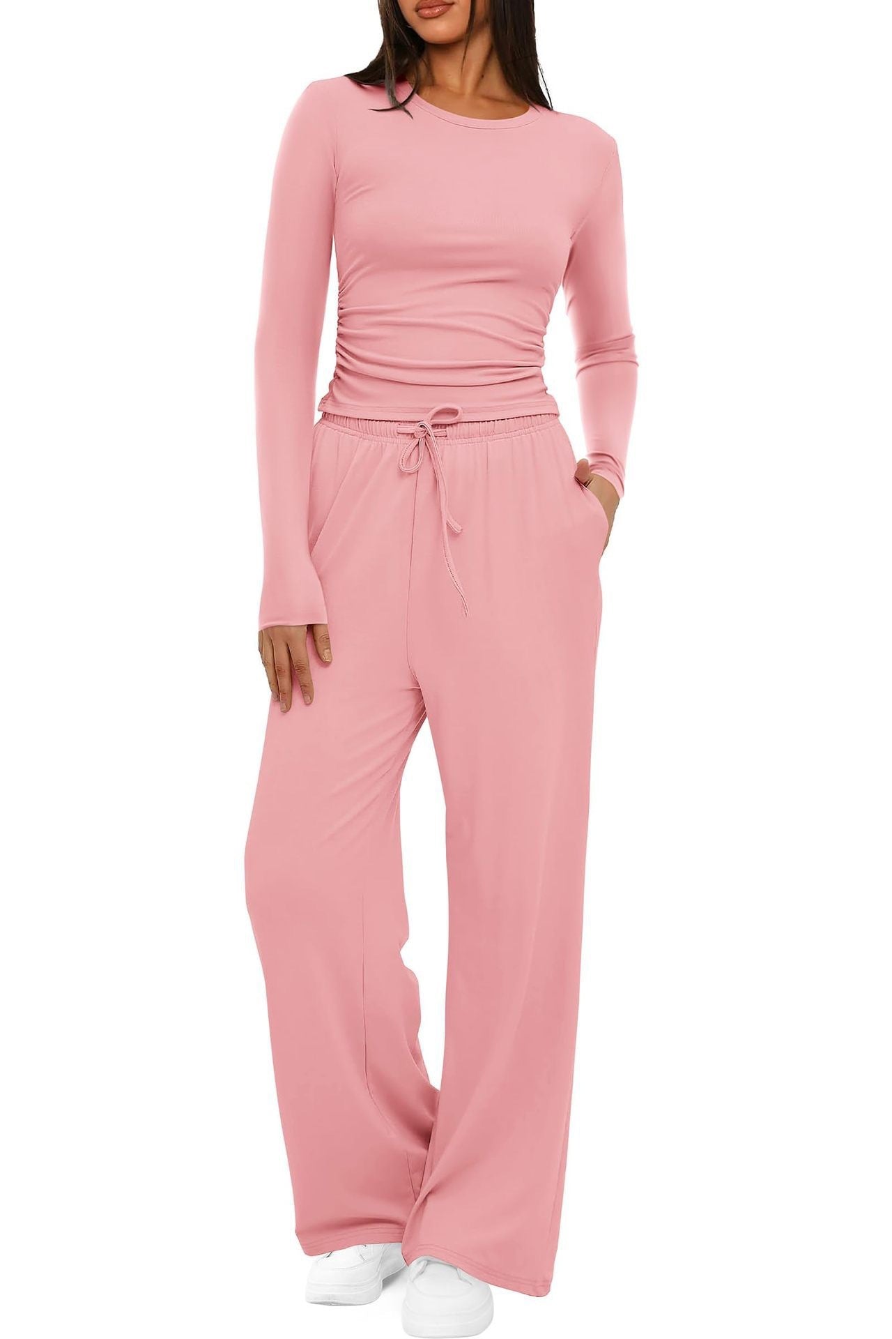 New 2 Pieces Women's Suit Autumn Winte Long Sleeve Tops High Waisted Wide Leg Pants Sportswear Female Clothes Solid Color Casual Suit