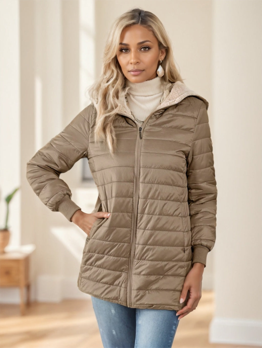 NEW Aveloria Modichic Casual Versatile Solid Color Fleece Hooded Padded Padded Coat