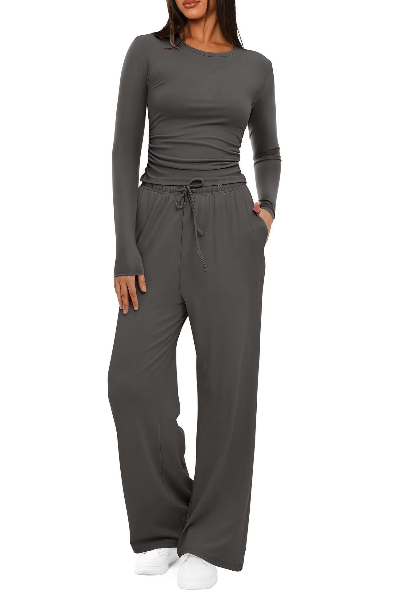 New 2 Pieces Women's Suit Autumn Winte Long Sleeve Tops High Waisted Wide Leg Pants Sportswear Female Clothes Solid Color Casual Suit