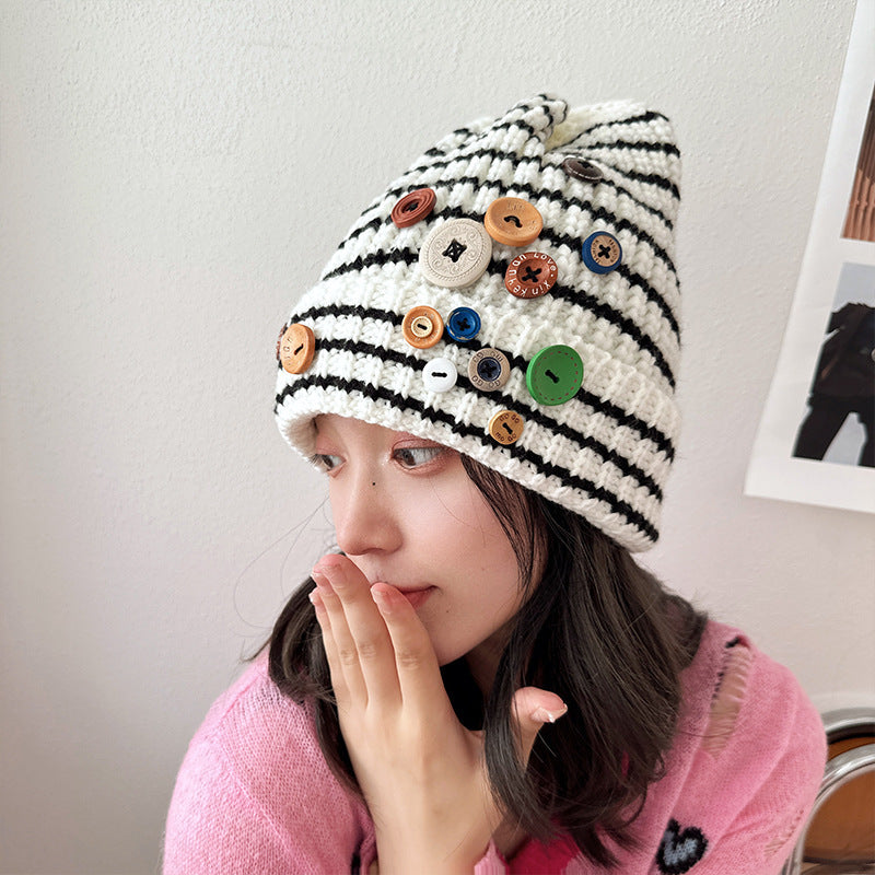 NEW Autumn And Winter Buttons Knitted Hat Warm Ear Protection All-match And Cute Pile Heap Cap