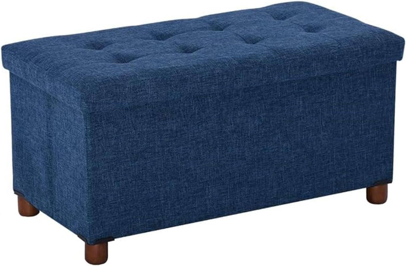 NEW Blue Linen 30-Inch Storage Ottoman Bench Removable Lid