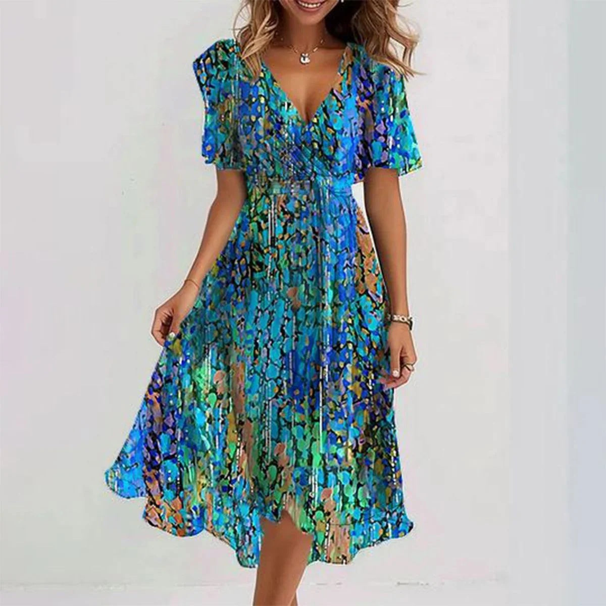 New Chiffon Printed Short Sleeve Dress Summer Elegant V-neck Dresses Womens Clothing