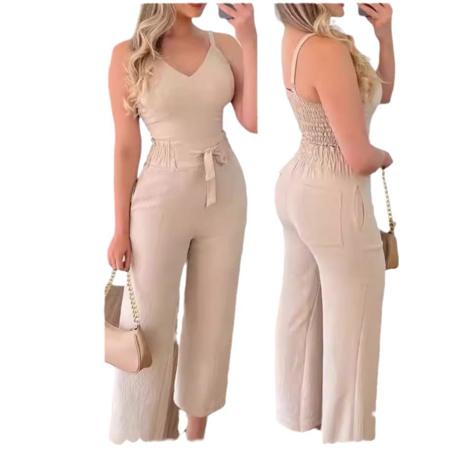 NEW Women's Solid Color Slim Elastic Pleated Two-Piece Suit Sexy Spaghetti Strap V-neck Backless Vest High Waist Wide Leg Pants Suit