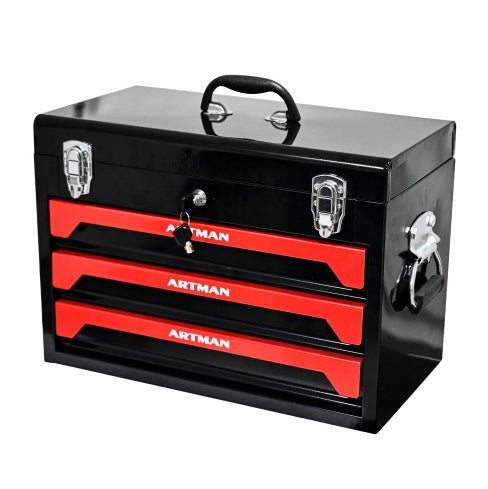 NEW 20 Portable 3 Drawer Steel Tool Box With Metal Latch Closure, Black Red