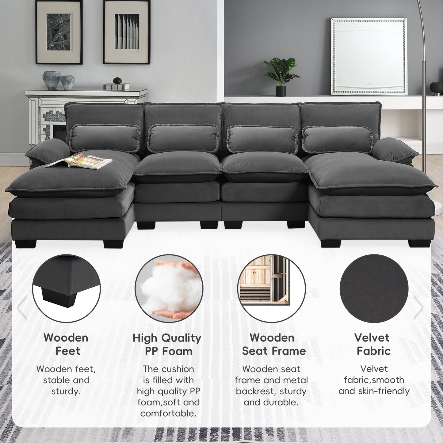 New Modern U-shaped 6-seat Upholstered Sleeper Sofa with Chaise Lounge