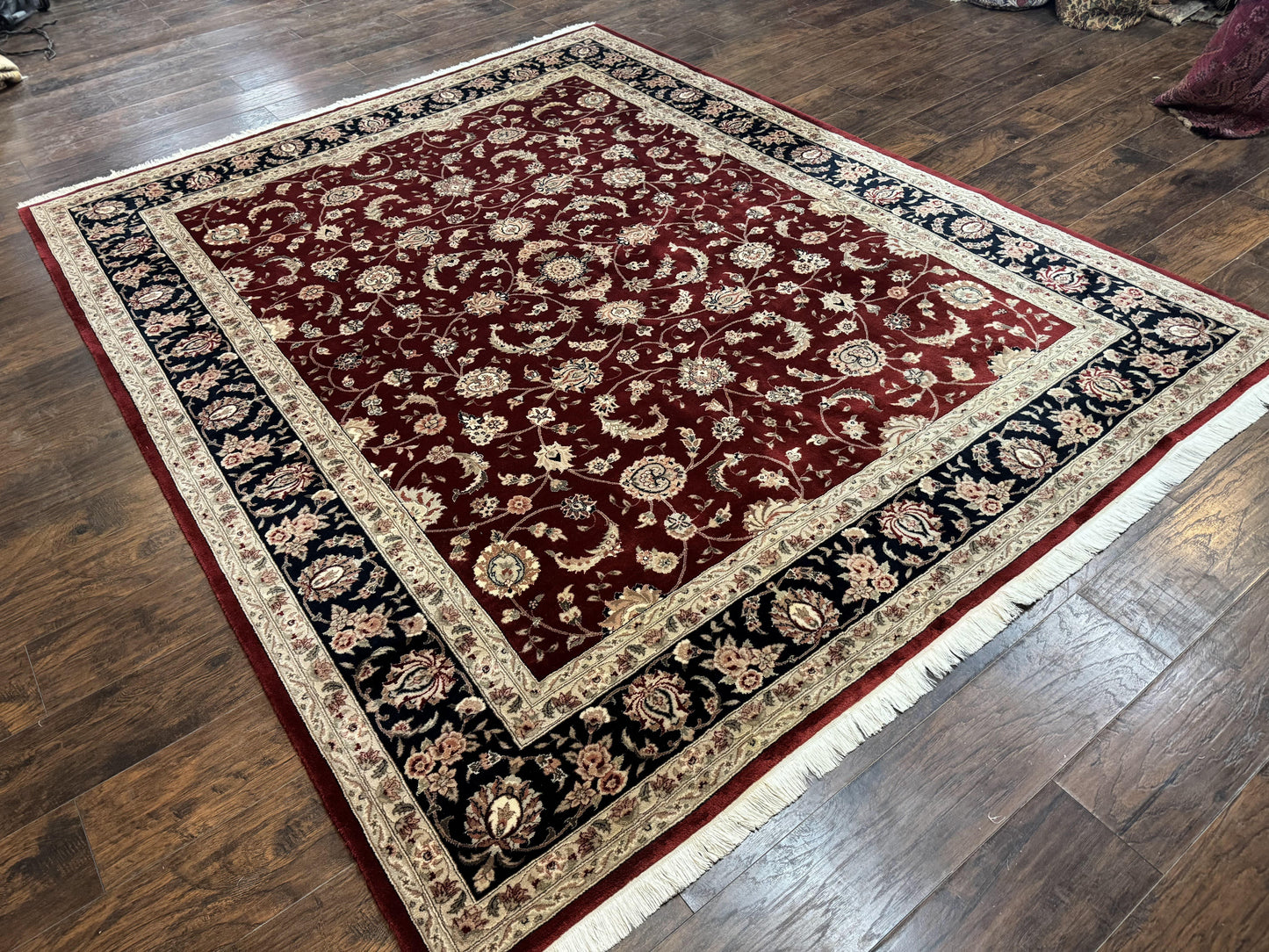 USED Maroon Persian Area Rug 8x10, Floral Allover, Pak Persian, Wool and Silk Highlights, Traditional Oriental Carpet