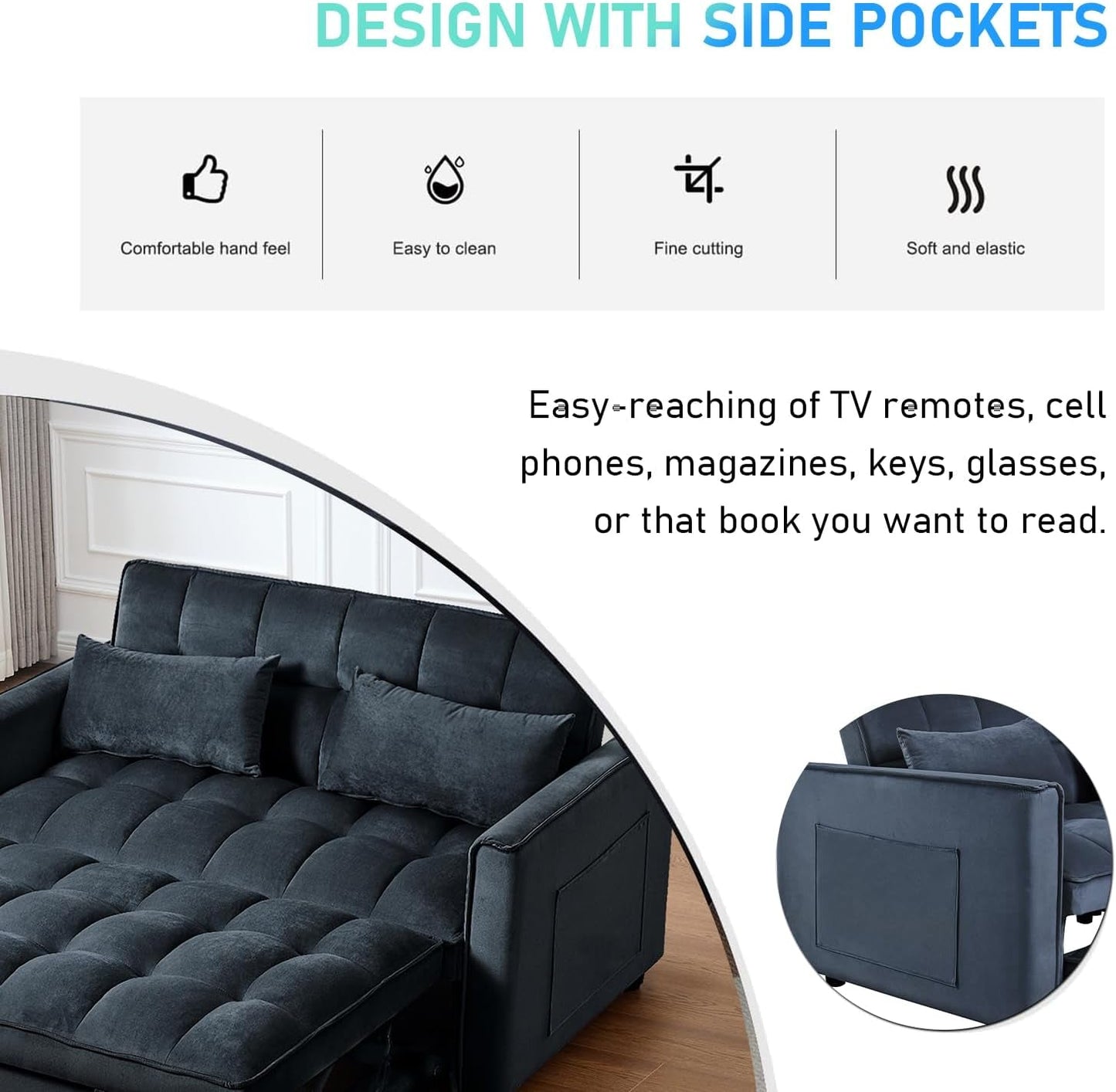 NEW Black Velvet Convertible Sleeper Sofa Bed Luxurious