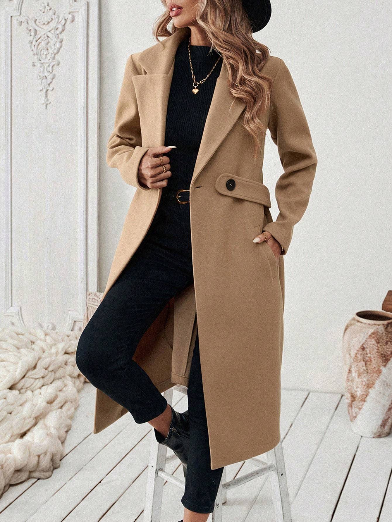 New Flat Collar Solid Color Pocket With Belt Long Sleeve Autumn Winter Coat Jacket