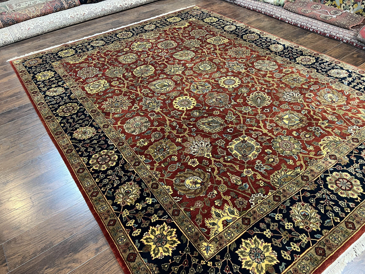 USED Indo Persian Rug 9x12, Hand Knotted Traditional Indian Wool Oriental Carpet 9 x 12 ft, Maroon and Navy Blue, Floral Allover 9x12 Vintage Rug