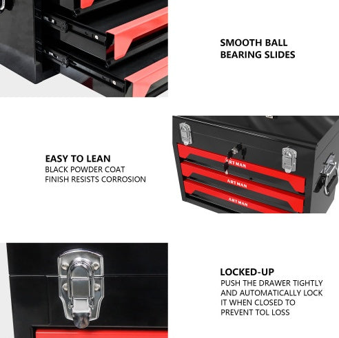 NEW 20 Portable 3 Drawer Steel Tool Box With Metal Latch Closure, Black Red
