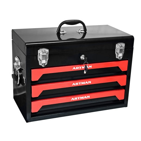 NEW 20 Portable 3 Drawer Steel Tool Box With Metal Latch Closure, Black Red