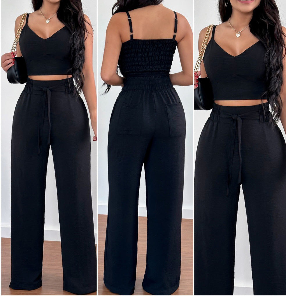 NEW Women's Solid Color Slim Elastic Pleated Two-Piece Suit Sexy Spaghetti Strap V-neck Backless Vest High Waist Wide Leg Pants Suit