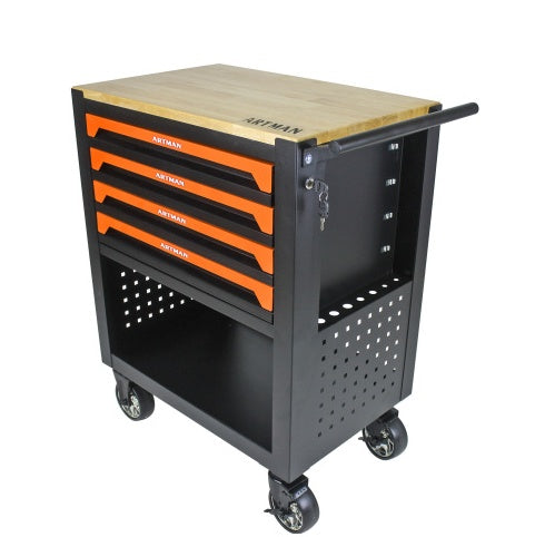NEW Black Orange 4 Drawer Multi-Functional Tool Cart with Wheels and Wooden Top