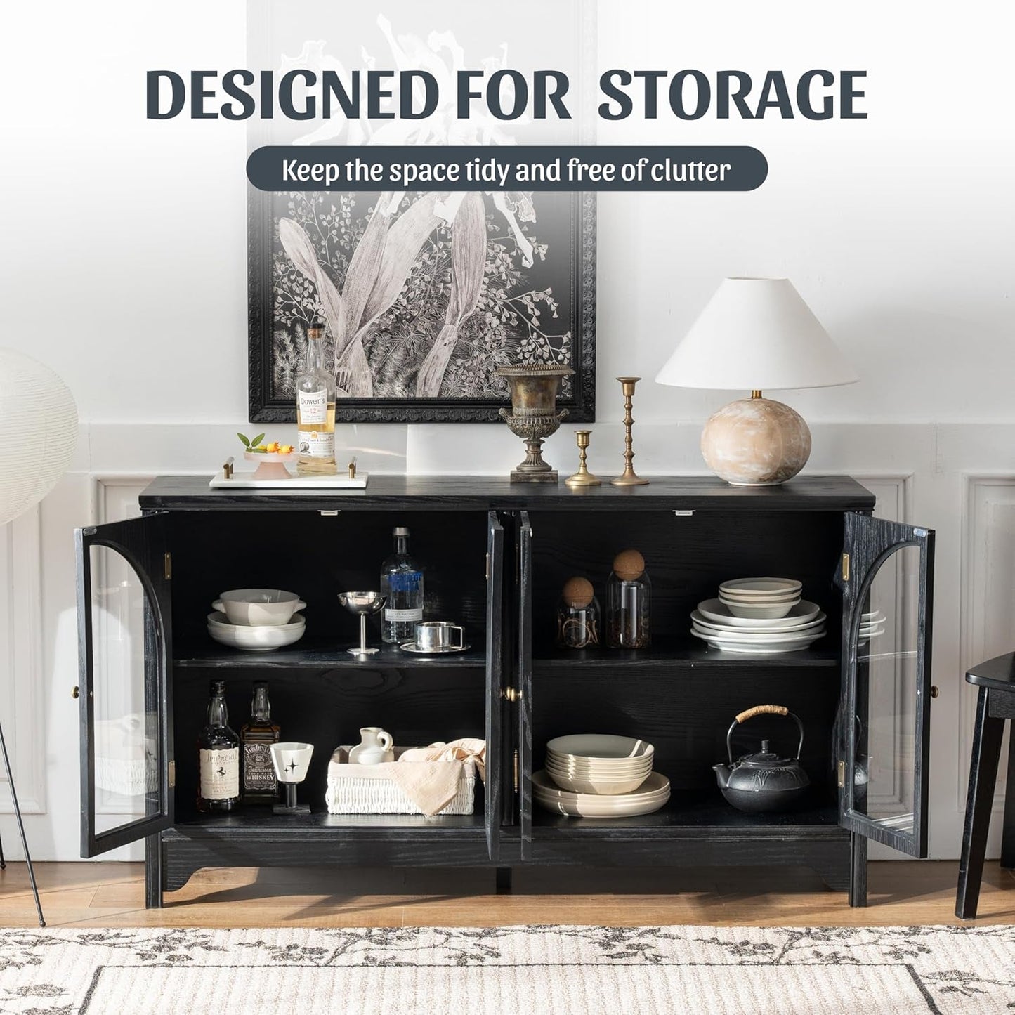 NEW 55 Inch Solid Wood Buffet Cabinet Farmhouse Sideboard Black