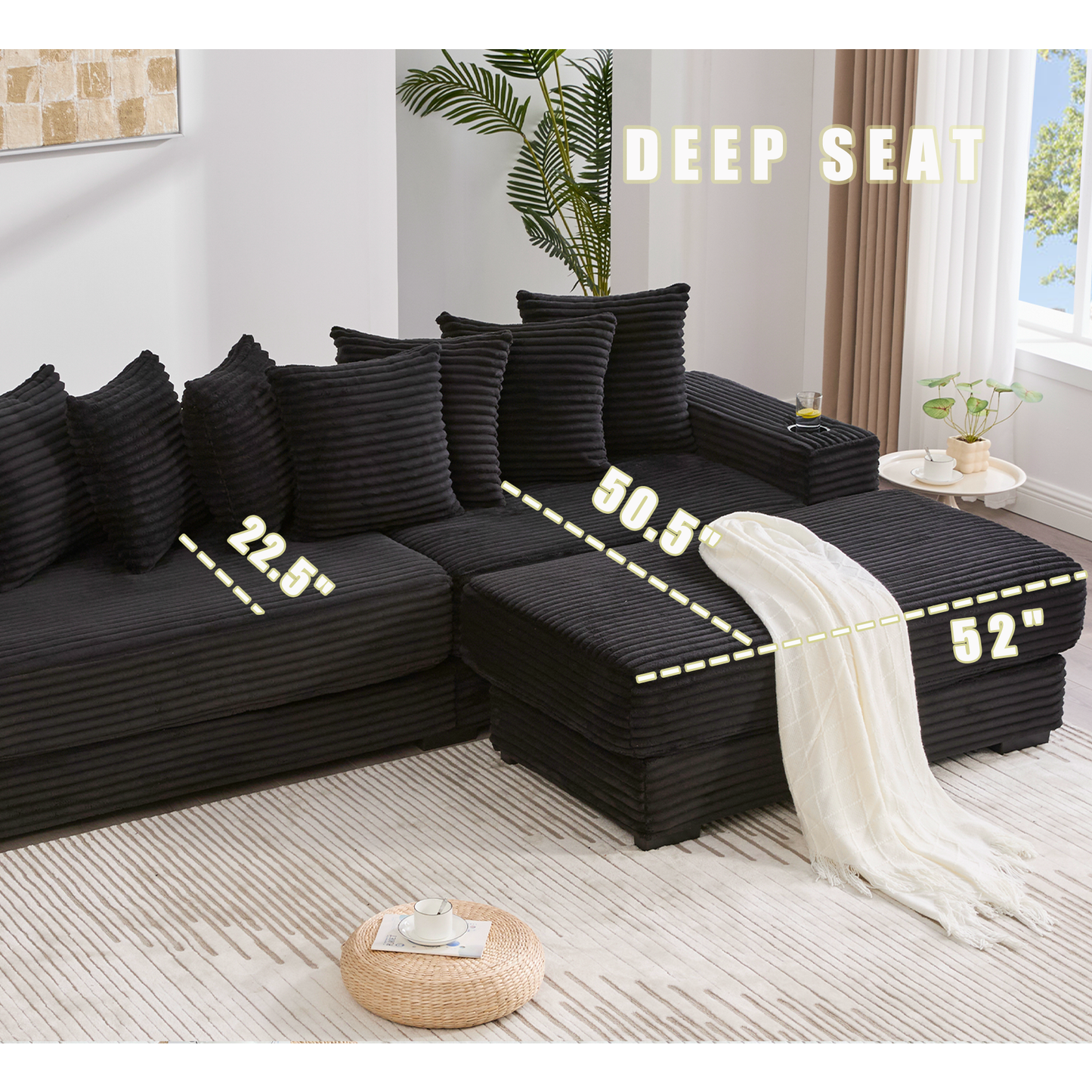 NEW Modular L Shaped Black Corduroy Fabric Sectional Sofa Couch