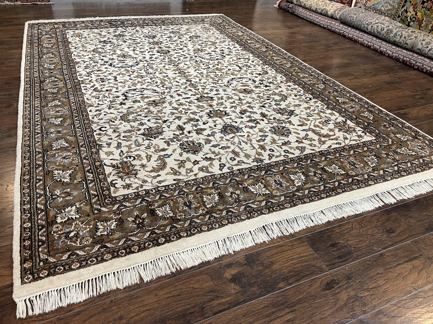 USED Indo Kirman Rug 8x12 Allover Floral Design, Ivory/Cream Brown, Vintage Handmade Hand Knotted Rug, Traditional Wool Persian Carpet 8 x 12
