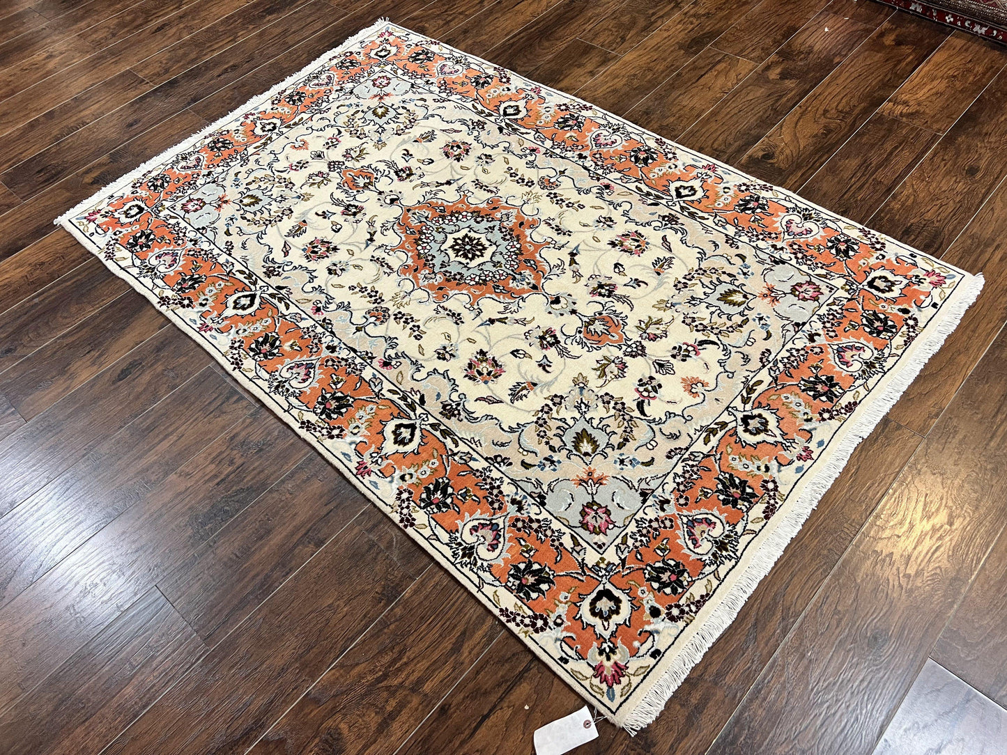 USED Persian Tabriz Rug 4.5 x 6.8, Finely Hand Knotted Wool with Silk Highlights Vintage Oriental Carpet, Cream and Salmon, High KPSI, Floral Medallion