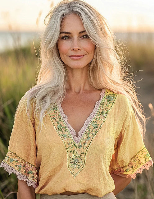 New Women's Bohemian Retro Floral Linen-Blend T-Shirt