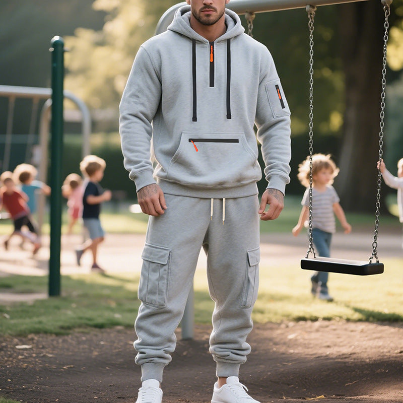 New Men's Loose Sports And Leisure Suit Sweater Fleece-lined Hoodie Set Zipper Multi-Pocket Pullover Men's Sports Casual Top Two-piece Set