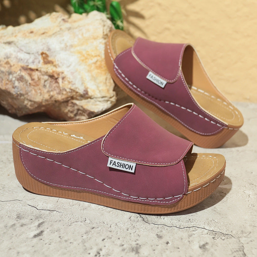 NEW Summer Wedge Slides Slippers Fashion Fish Mouth Thick Bottom Roman Shoes Solid Color Beach Sandals For Women