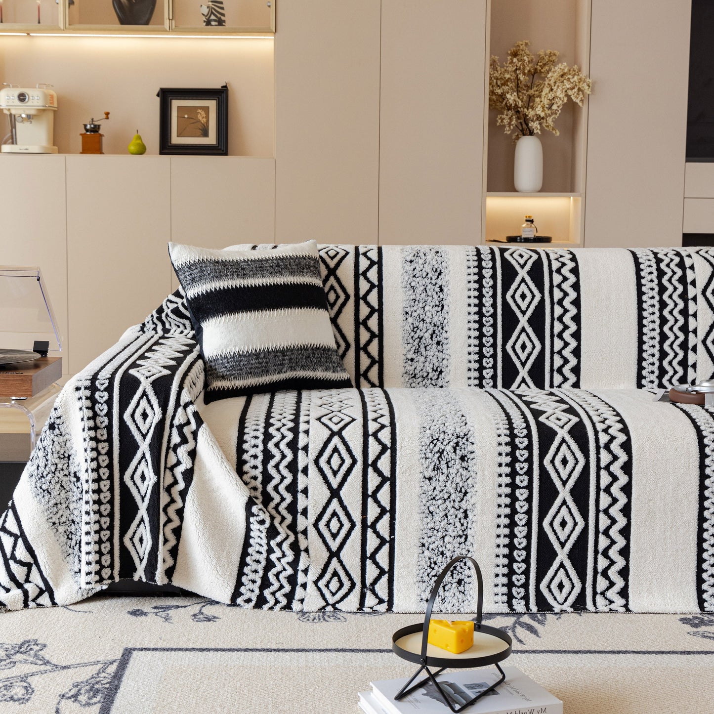 NEW Bohemian Tufted Sofa Cover, Plush Flannel Throw Blanket with 3D Woven Aztec Stripes
