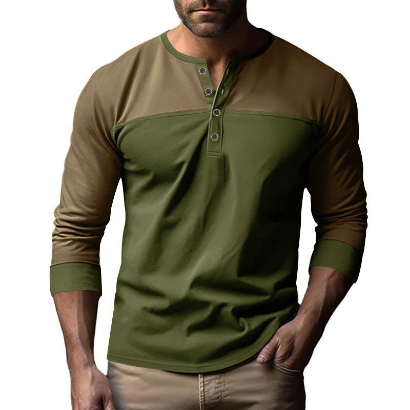 New Retro Trendy Long-sleeve Color Matching Henry Collar Bottoming Shirt Casual T-shirt