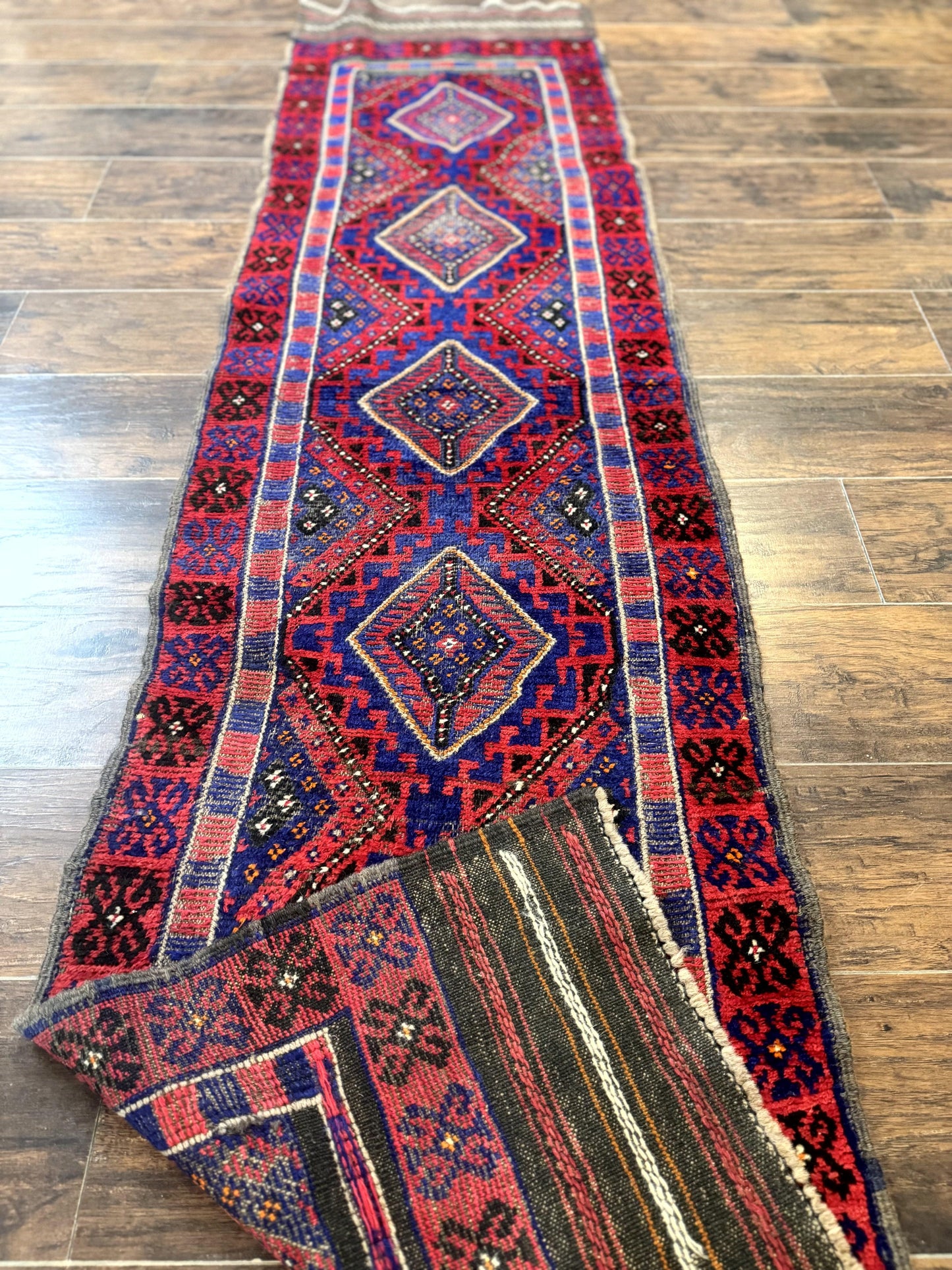 USED Turkoman Runner Rug 2 x 8.6, Skinny Runner, Handmade Wool Carpet for Hallway, Red and Blue, Wool, Vintage 8ft Runner