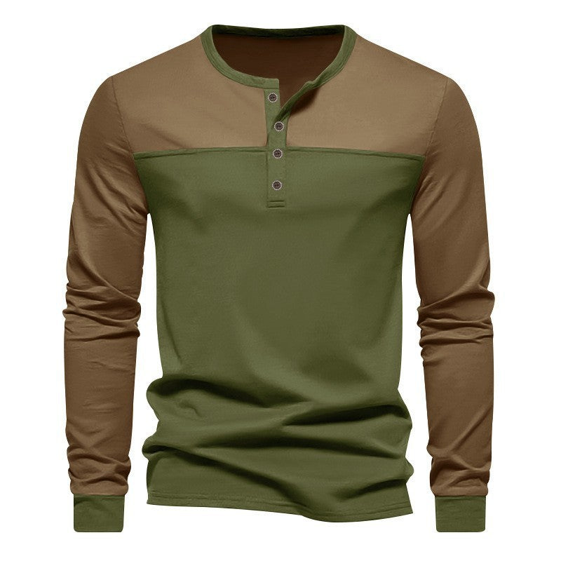 New Retro Trendy Long-sleeve Color Matching Henry Collar Bottoming Shirt Casual T-shirt