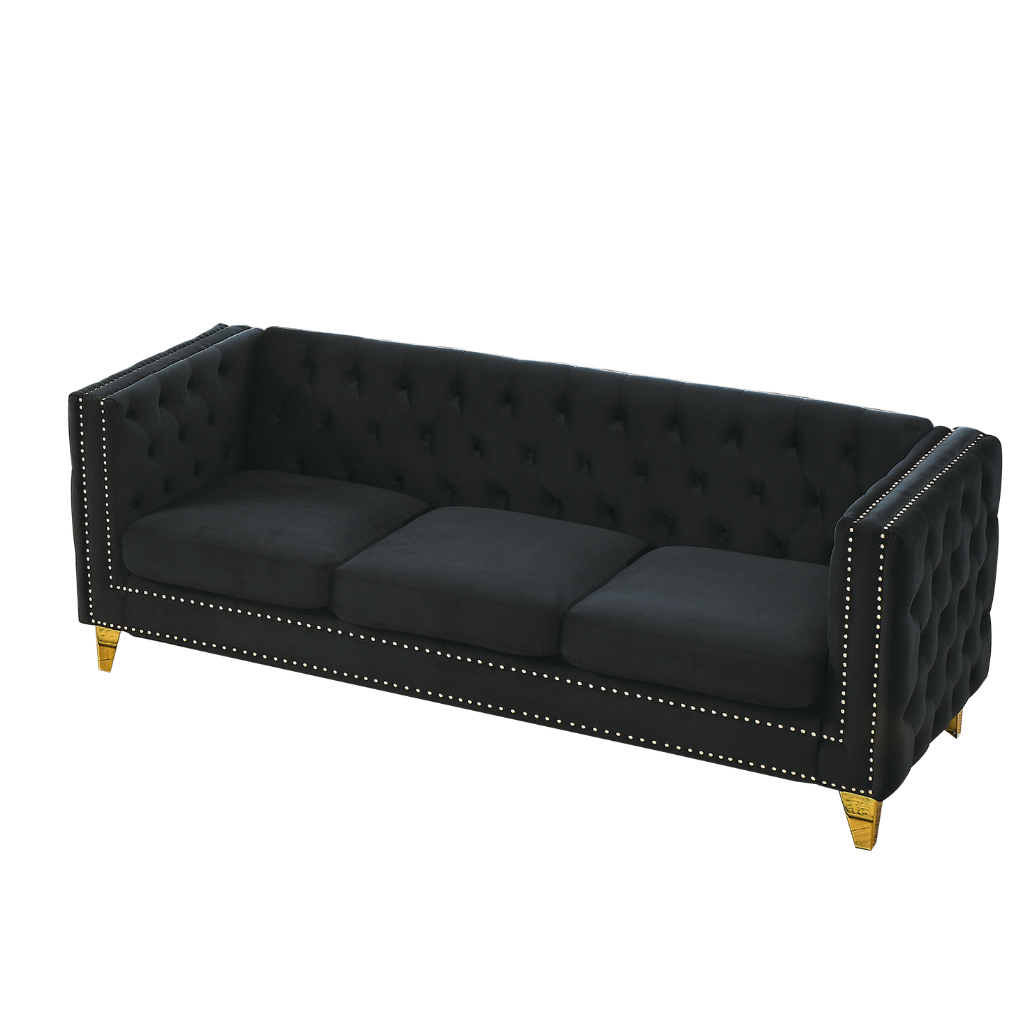 NEW Black Velvet Tufted Button Square Arm Modern Couch Sofa with Metal Legs
