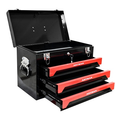 NEW 20 Portable 3 Drawer Steel Tool Box With Metal Latch Closure, Black Red