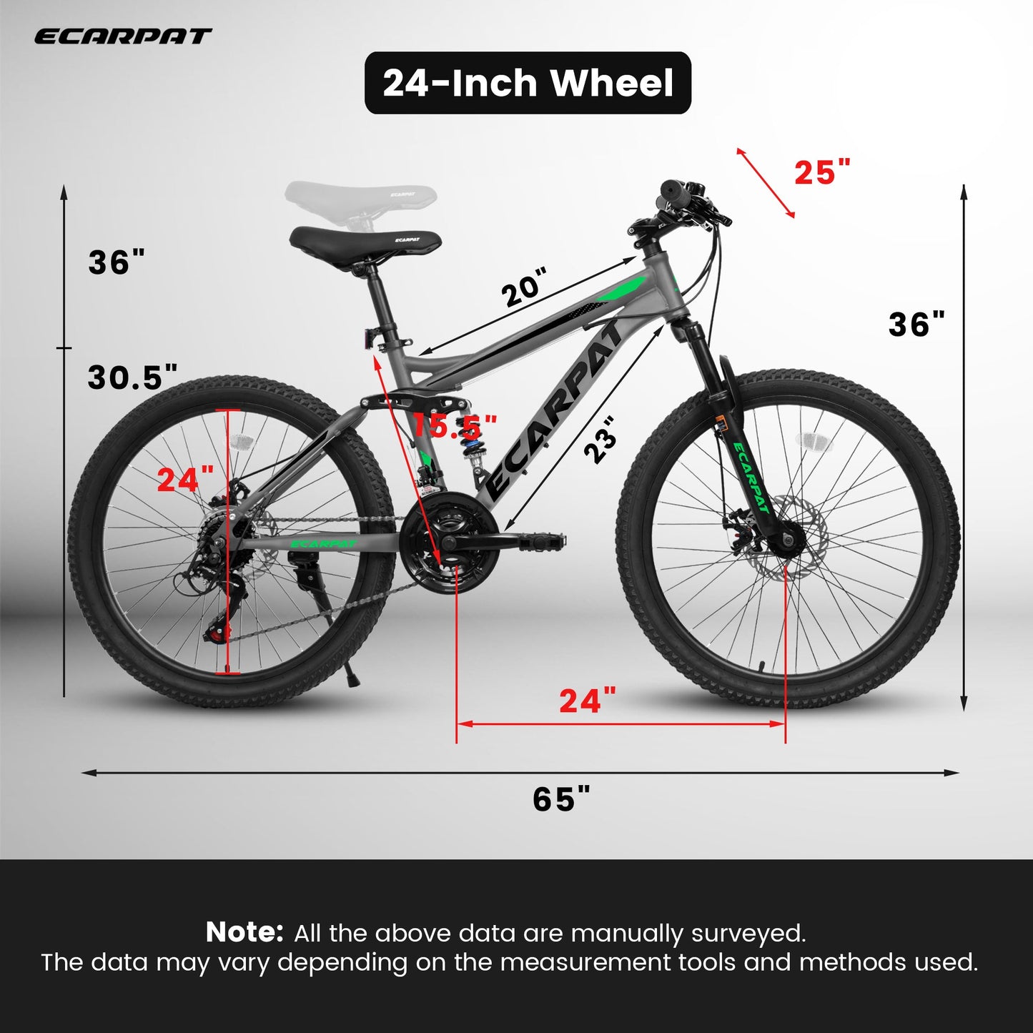 NEW A2460 24 Inch Mountain Bike with Full Suspension, 21 Speed Shifter Lever with Gear Indicator, High Carbon Steel Frame, Mechanical Disc Brakes, Unisex for Men/Women/ Adults, Ideal for Trails.
