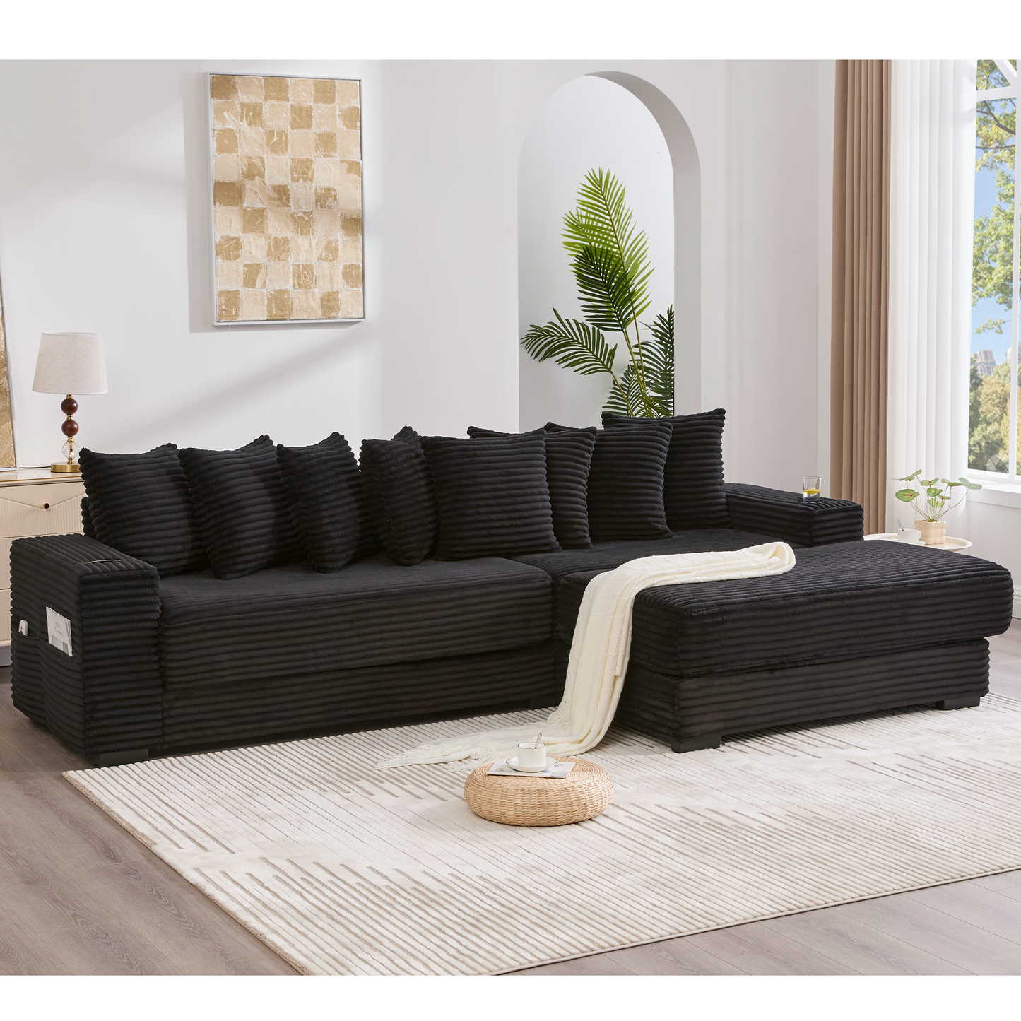 NEW Modular L Shaped Black Corduroy Fabric Sectional Sofa Couch