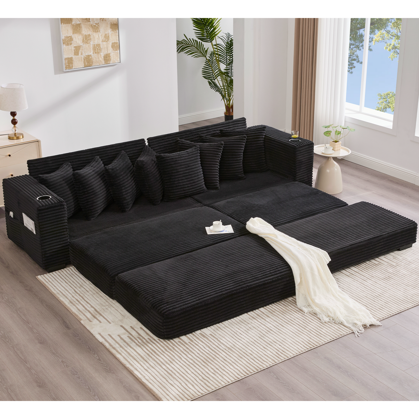NEW Modular L Shaped Black Corduroy Fabric Sectional Sofa Couch