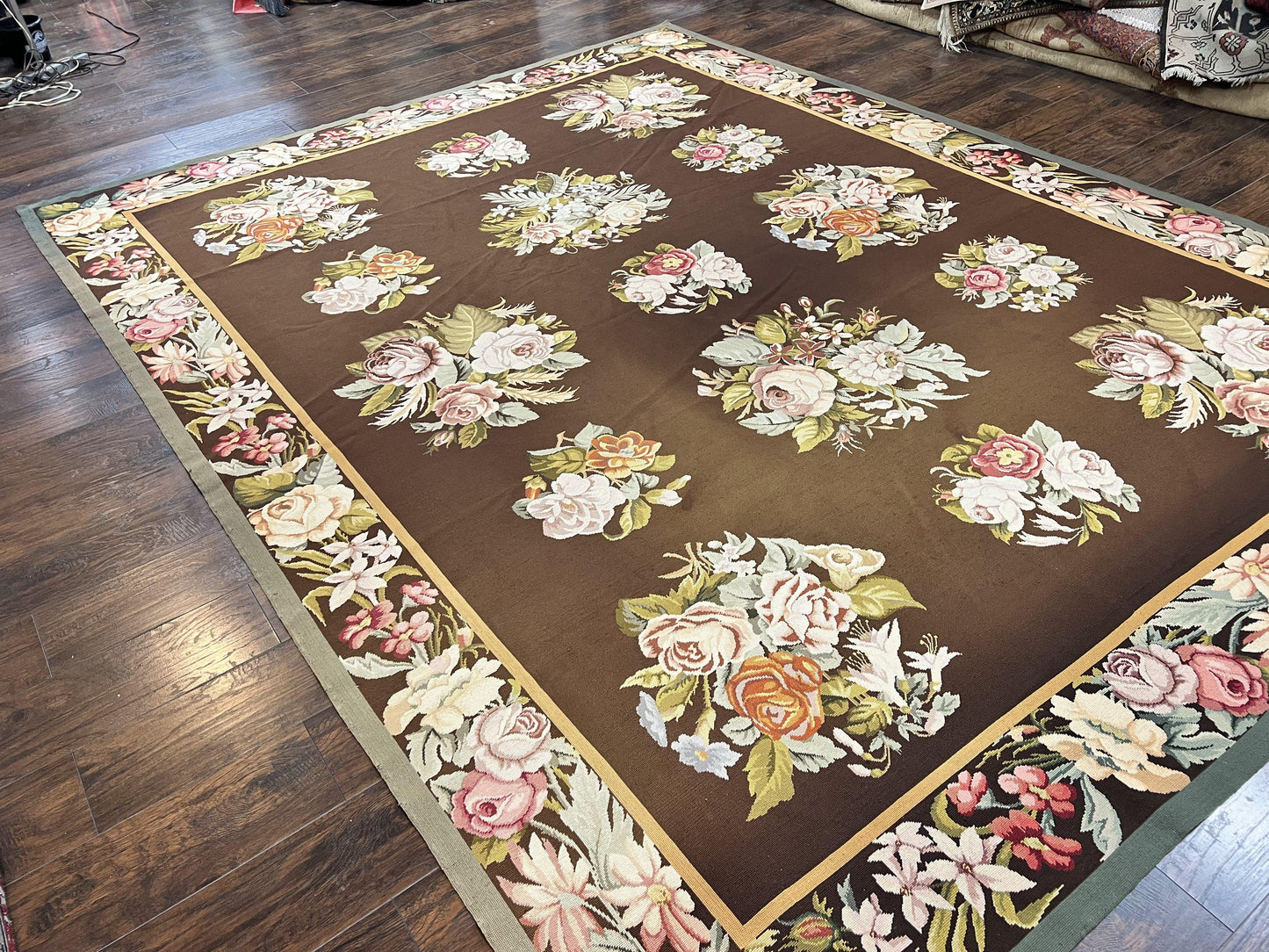 USED Vintage Needlepoint Rug 9x12, Large Handmade Hand-woven Needlepoint Carpet, Brown Area Rug, Floral Bouquets, Wool Rug, European Design
