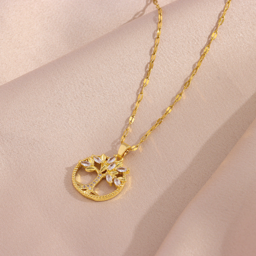 NEW Retro Casual Copper Inlaid Zircon Gold Plated Tree Of Life Pendant