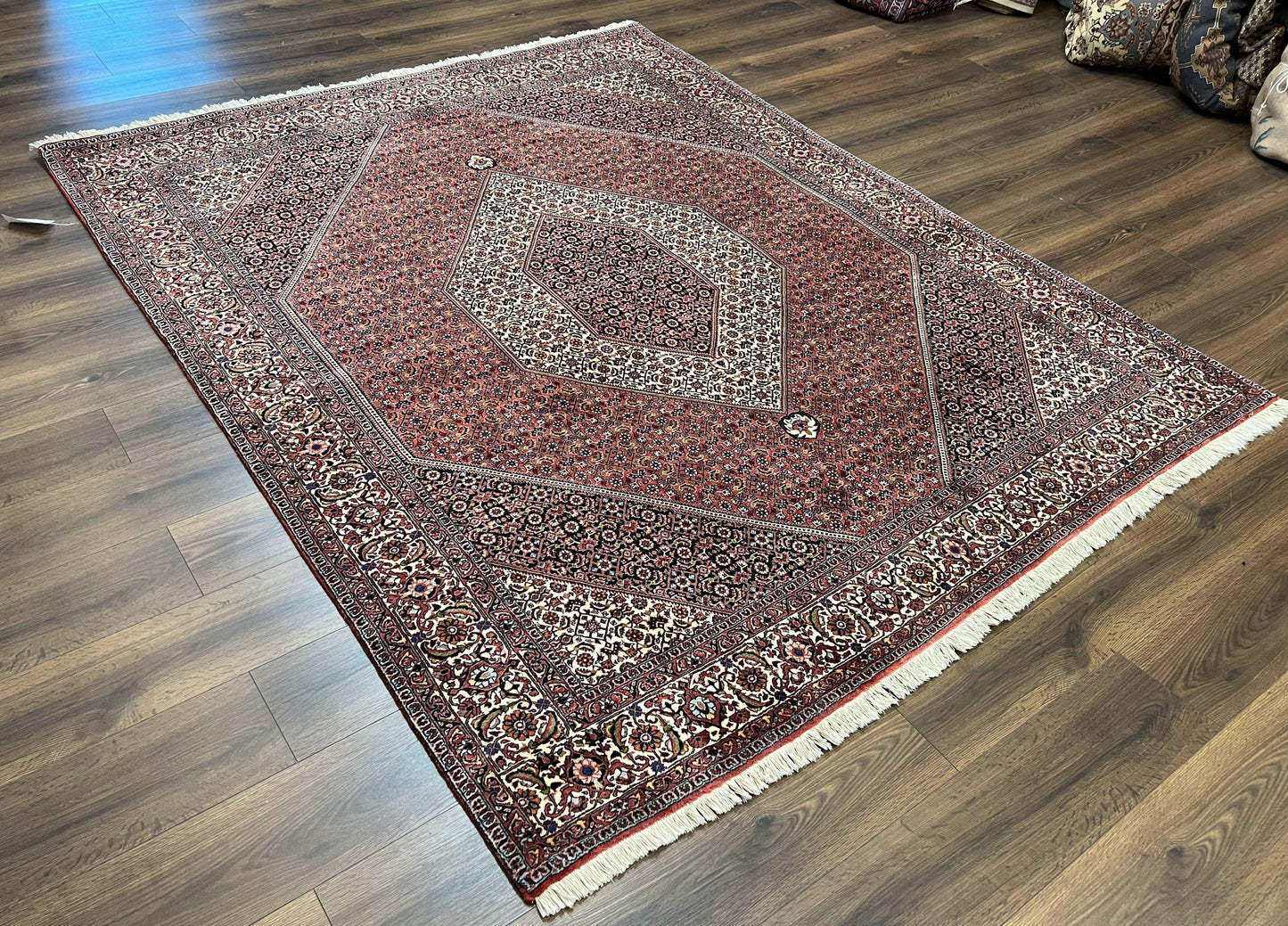 USED Wonderful Persian Bidjar Rug 7x8 ft, Almost Square Oriental Carpet, Herati Mahi, Highly Detailed, Ivory Red Navy Blue, Very Fine Handmade Bijar Rug