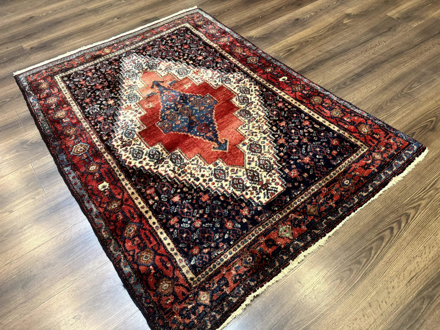 USED Antique Persian Kurdish Senneh Rug 4x5 Tribal Carpet Wool Geometric Medallion