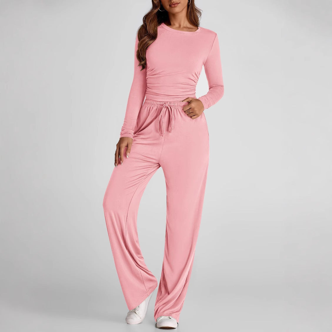 New 2 Pieces Women's Suit Autumn Winte Long Sleeve Tops High Waisted Wide Leg Pants Sportswear Female Clothes Solid Color Casual Suit