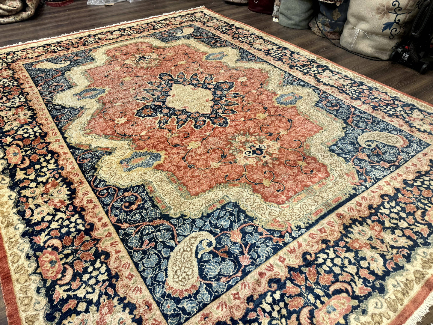 USED Antique Persian Sarouk Rug 9x12, Boteh Paisleys, Light Red Navy Blue