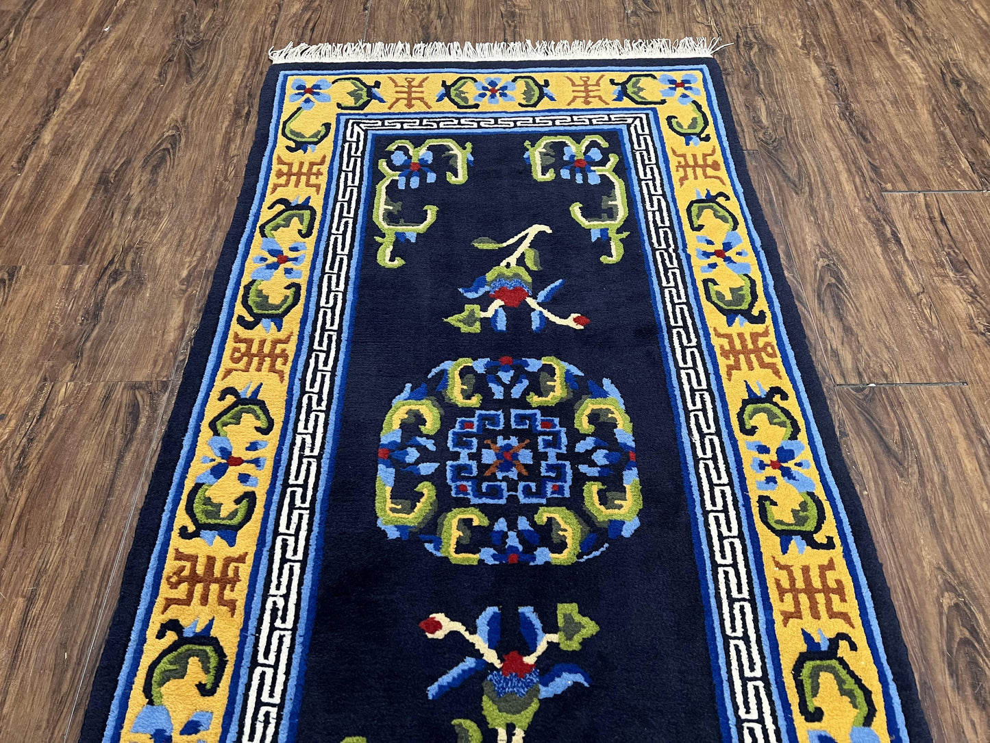USED Chinese Art Deco Rug 3 x 5.9, Handmade Chinese Peking Carpet, Dark Blue and Gold, Medallion, Asian Oriental 3x6 Hand Knotted Vintage Rug