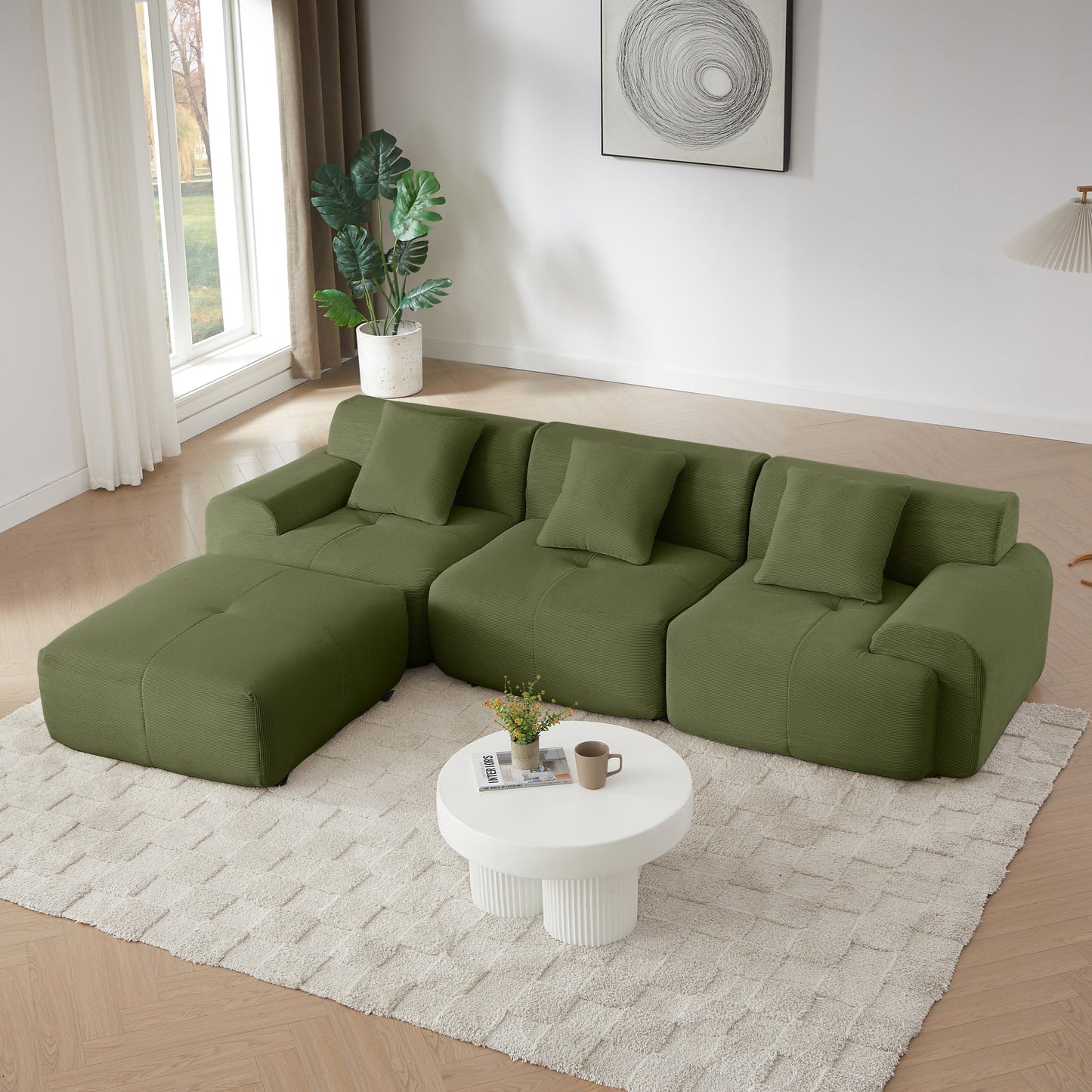 NEW Modern L-Shaped Modular Sectional Sofa in Green Corduroy, 113' Oversized 3-Seater with Deep Seat and Movable Ottoman – No Assembly Required
