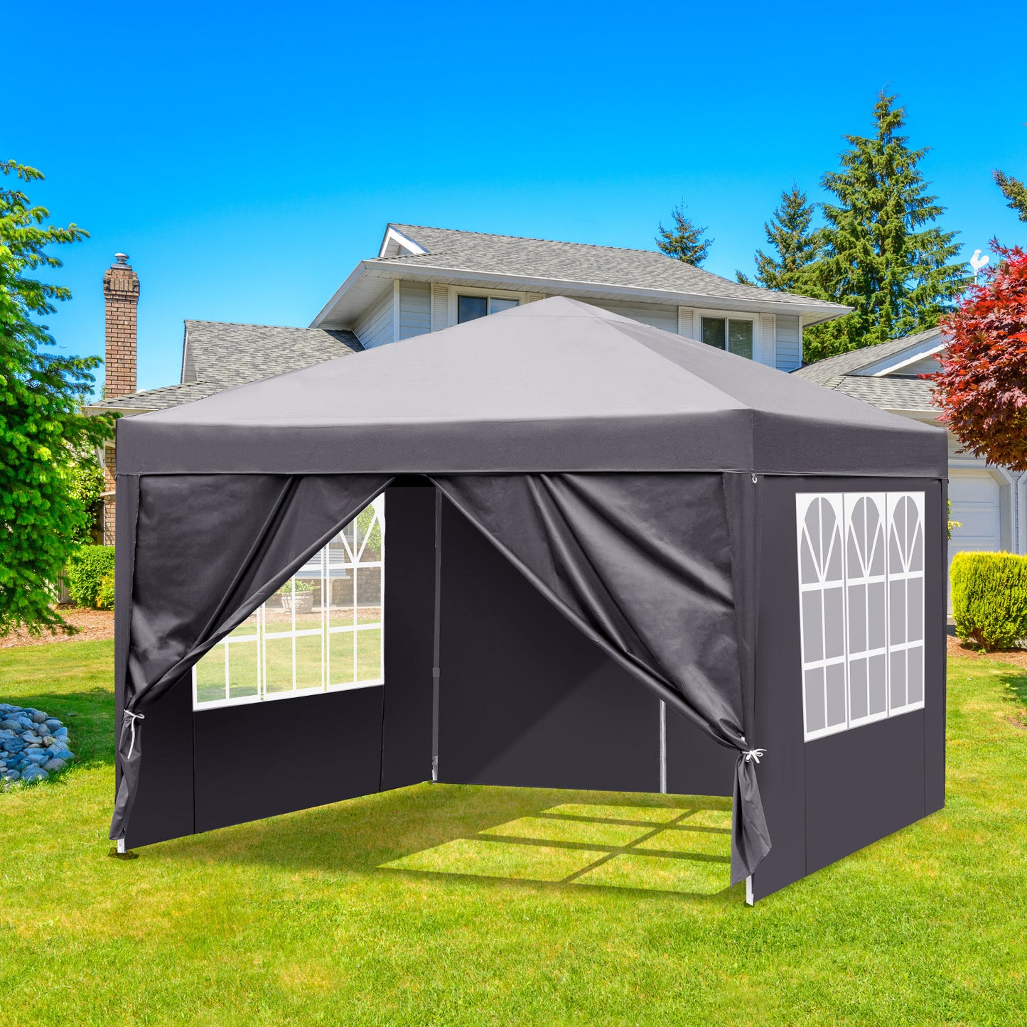 NEW Outdoor 10x10ft Dark Grey 4 Sides-2 Doors 2 Windows Folding Shed Oxford Cloth Iron Pipe Portable Tent