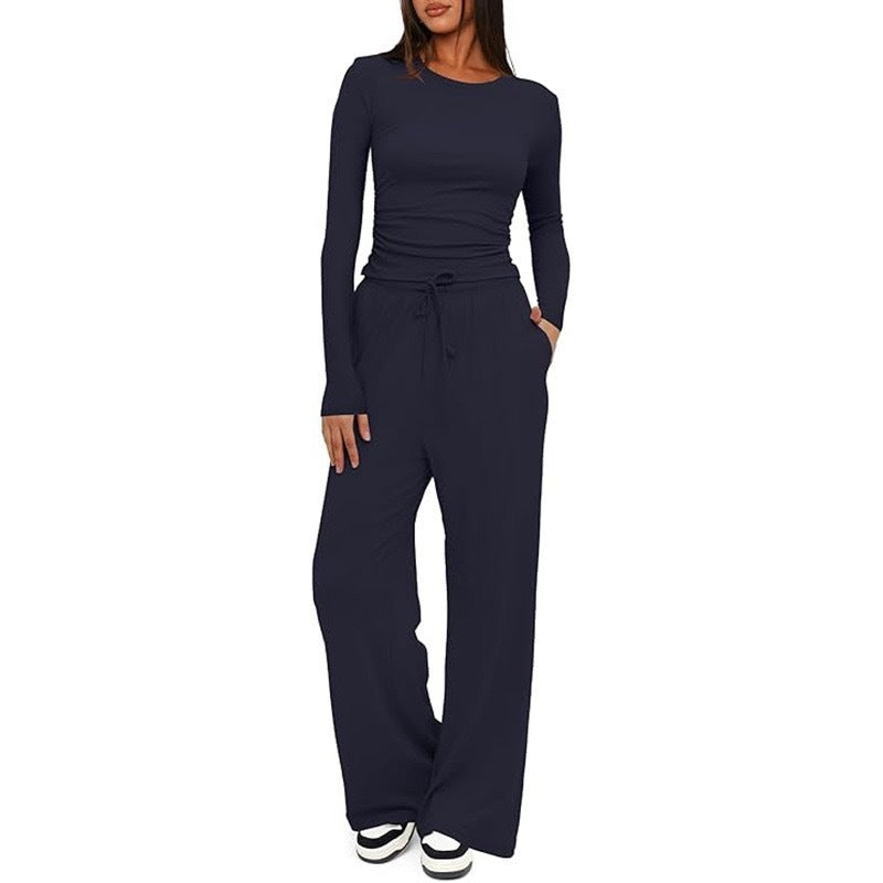 New 2 Pieces Women's Suit Autumn Winte Long Sleeve Tops High Waisted Wide Leg Pants Sportswear Female Clothes Solid Color Casual Suit