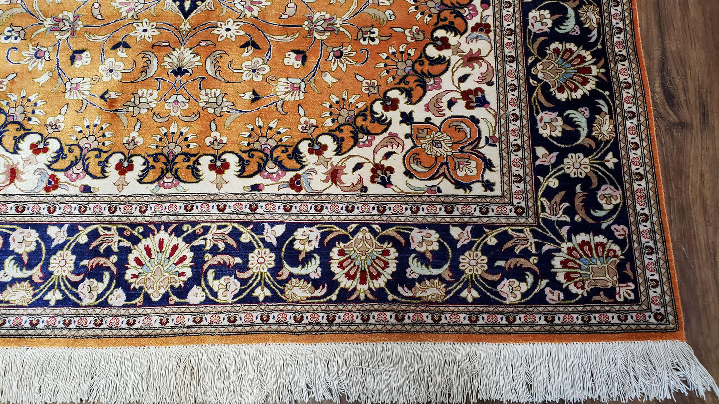 USED Vintage Persian Qum Silk Rug 4.6 x 6.7, Burnt Orange and Navy Blue, Antique Oriental Very Fine Signature Master Weaver 350+ KPSI Ghom Qom 5x7 Rug