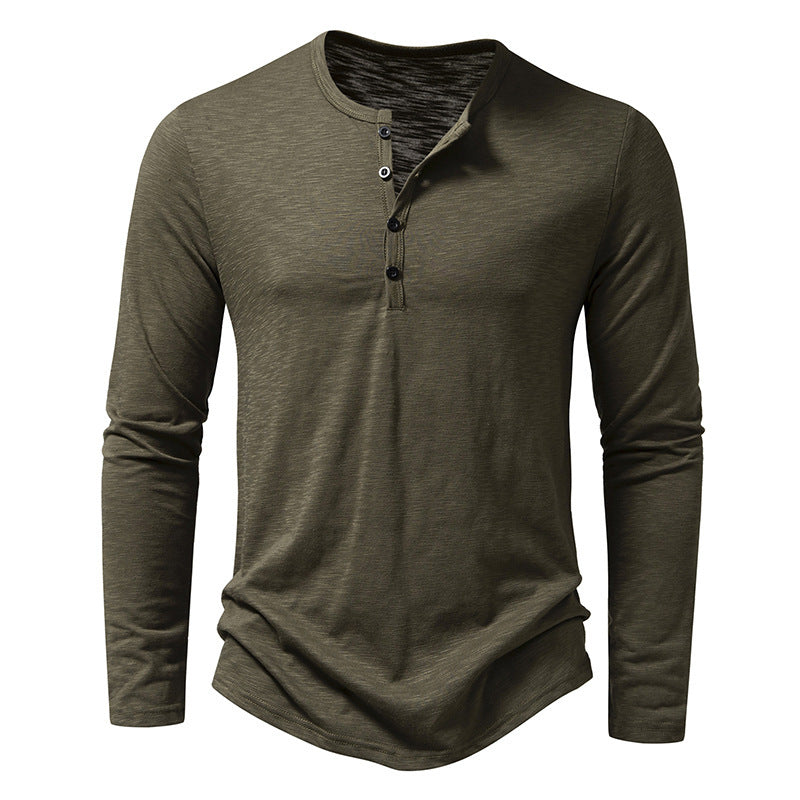 New Men's Long-sleeved T-shirt Fashion Casual Solid Color Pullover Button Top Autumn And Spring Clothing