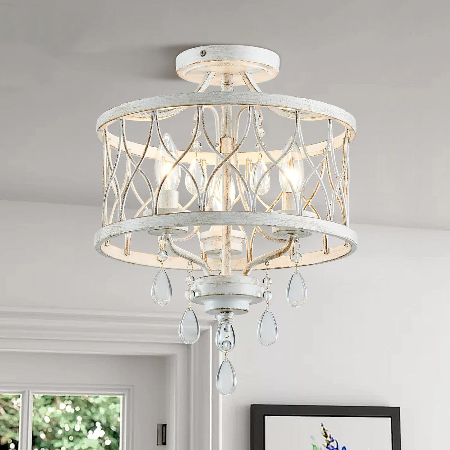 NEW Farmhouse Crystal Ceiling Light Three Light White Fixture