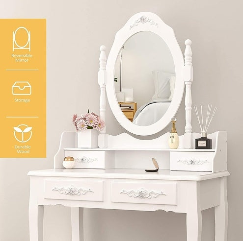 NEW Vanity Table Set With 4 Drawer, Makeup Dressing Table W Cushioned Stool, Girls Women Bedroom Furniture Set Oval Mirror