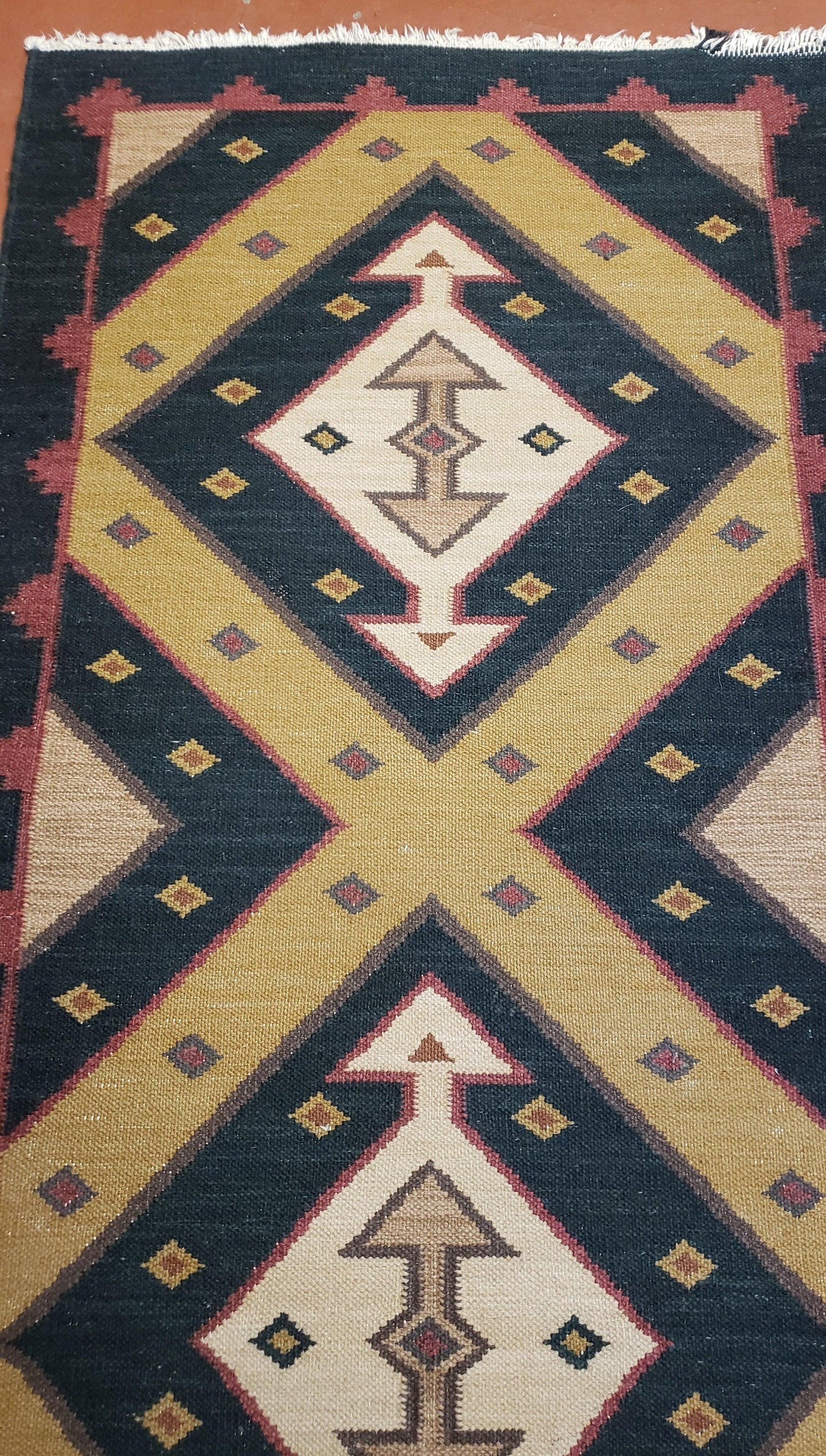 USED Vintage Indian Kilim Runner Rug, Geometric Flatweave Hand-Knotted Wool Kitchen Hallway Runner, Black Gold & Beige, 2' 8" x 9' 9"