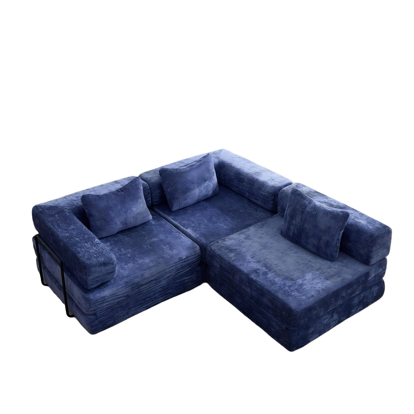 NEW Dark Blue Chenille Fabric Compression Convertible Floor Sofa Bed with Fixed-Shape Frame Boneless Modular Sectional Couch